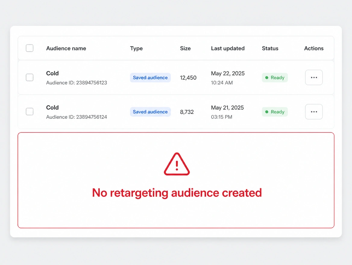 A saved audience list holding two cold audiences and no retargeting audience