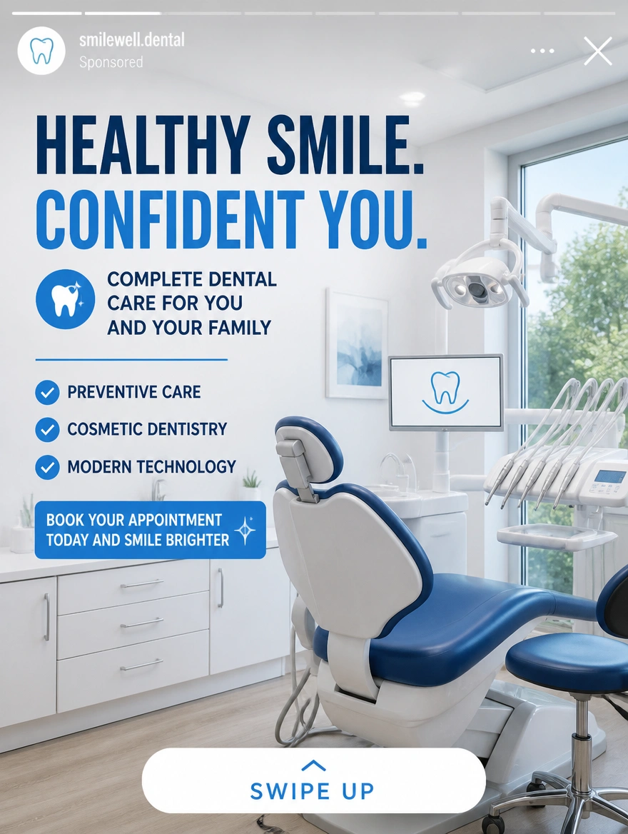 An Instagram story advert for a dental clinic with a bold offer over an interior photograph