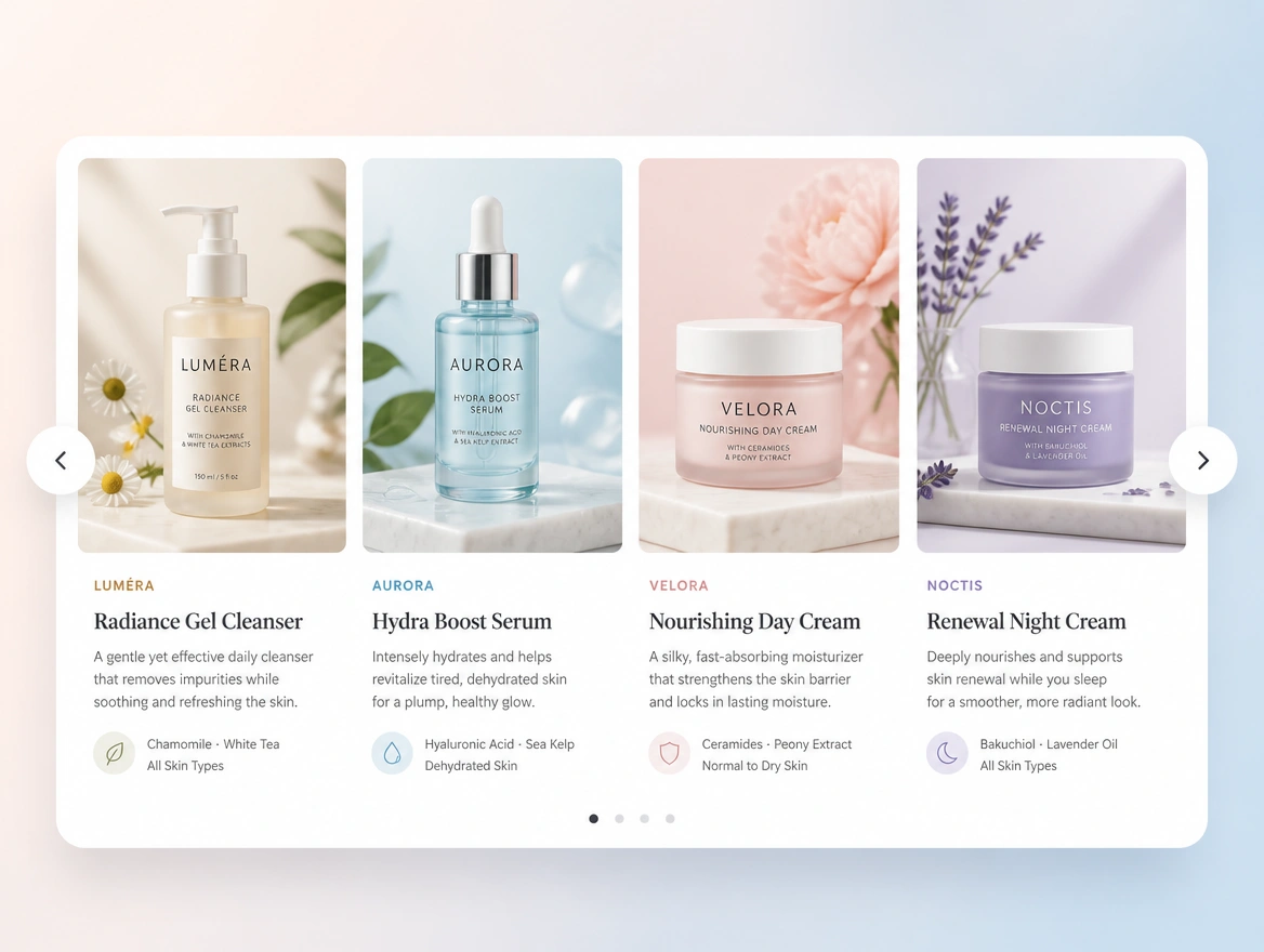 Website mockup showing product feed adverts