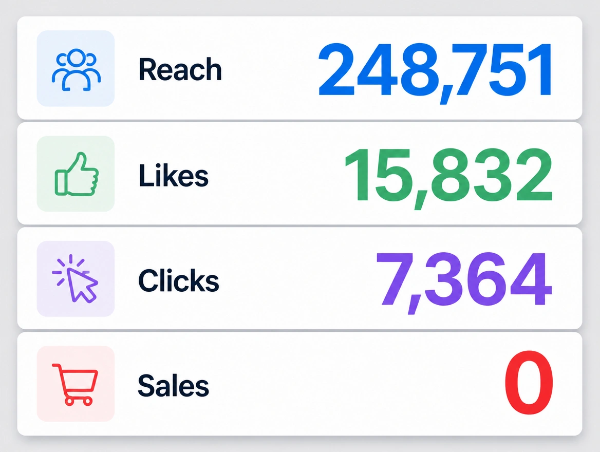 An advertising report of large reach and likes figures with a sales row reading zero in red