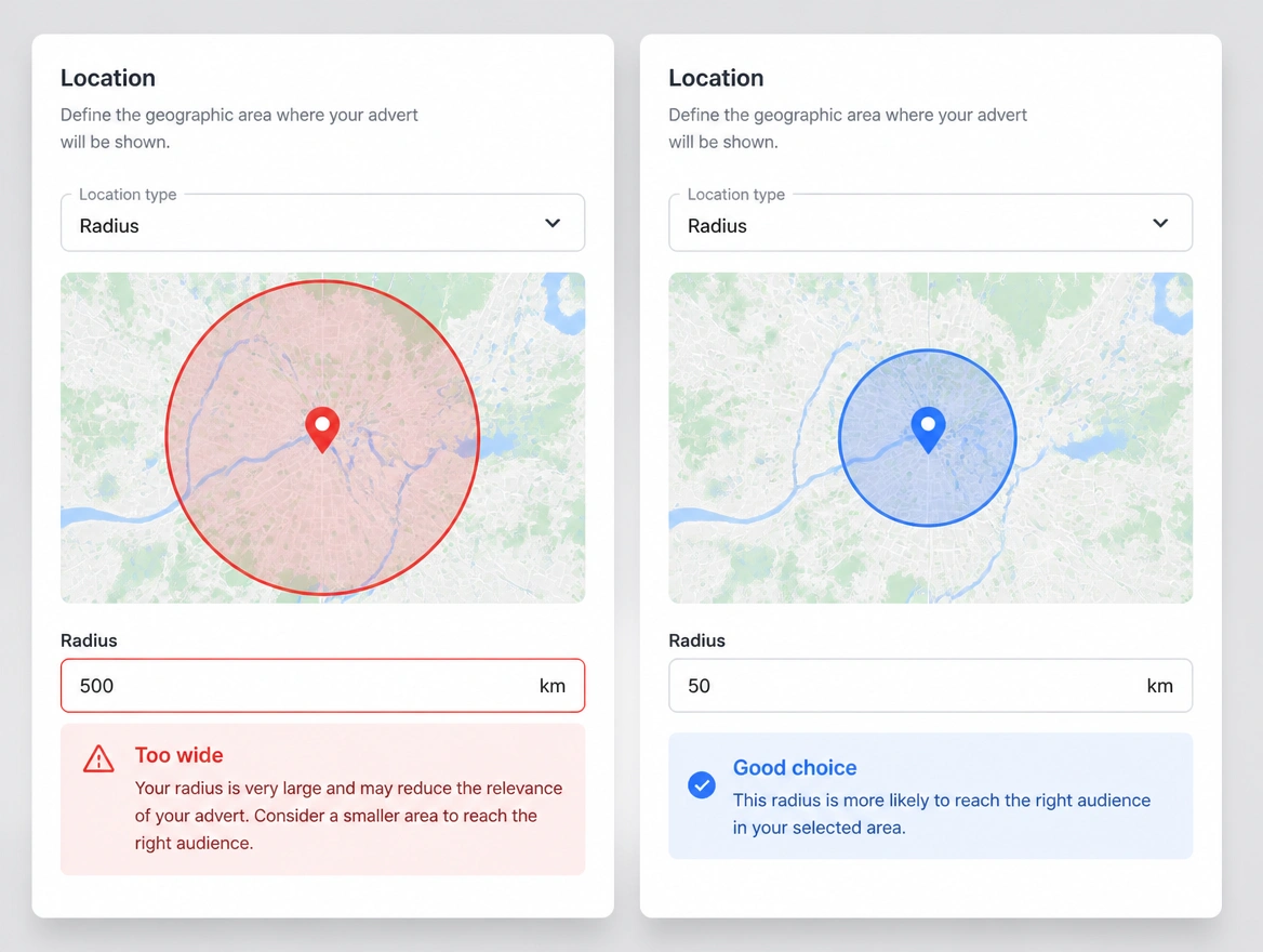 A location setting with a 500 km radius outlined in red beside a tighter radius accepted