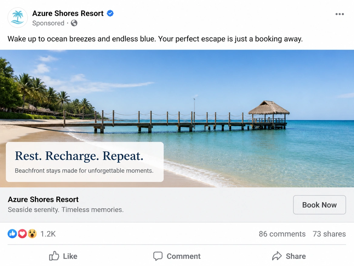 Facebook feed advert for a coastal resort with a Book Now button