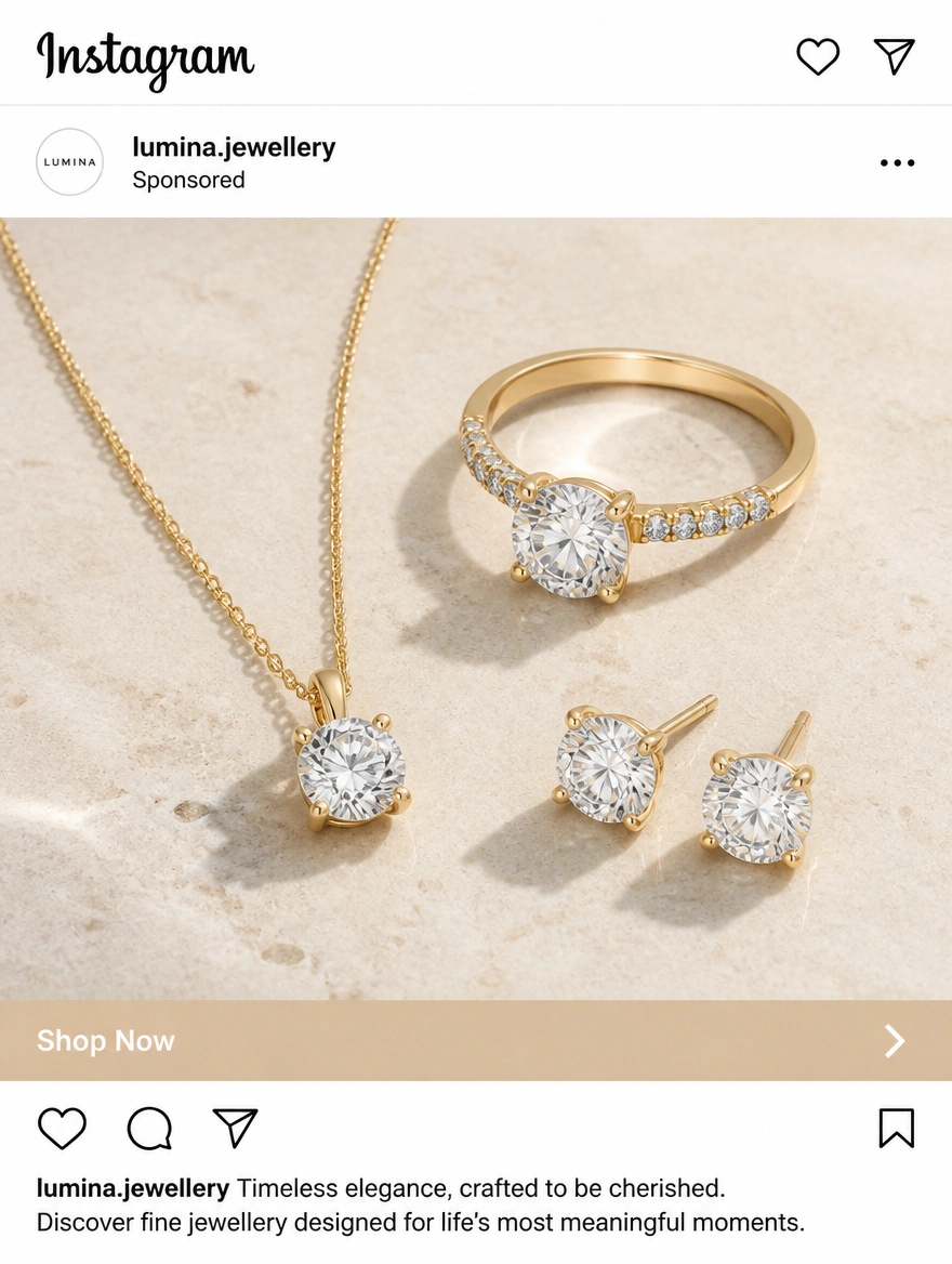 Tall Instagram advert for a fine jewellery brand with a Shop Now button