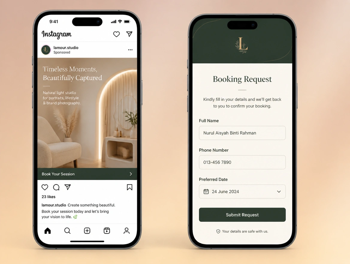 Website mockup showing in-app lead forms