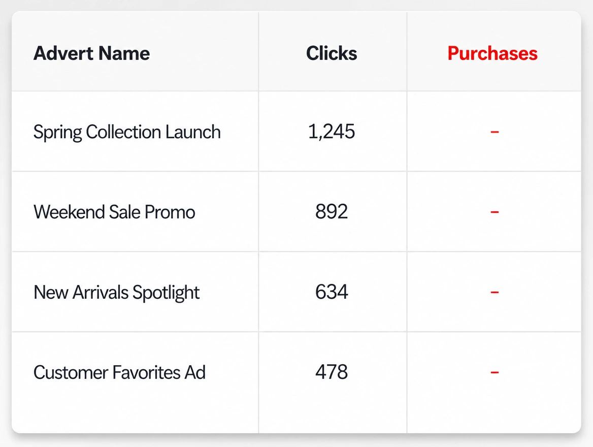 An advert report with clicks recorded and the purchases column empty