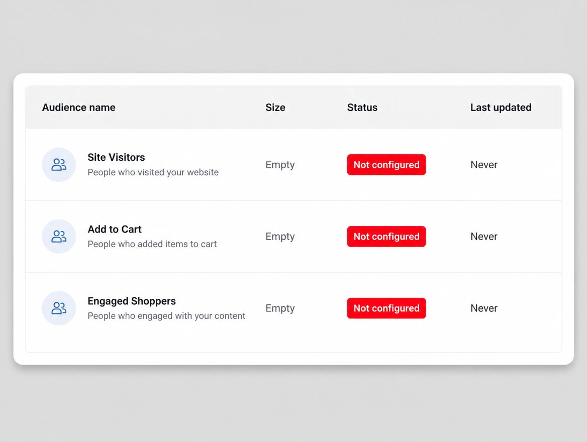 A retargeting audience list where every audience is empty with a red not configured pill