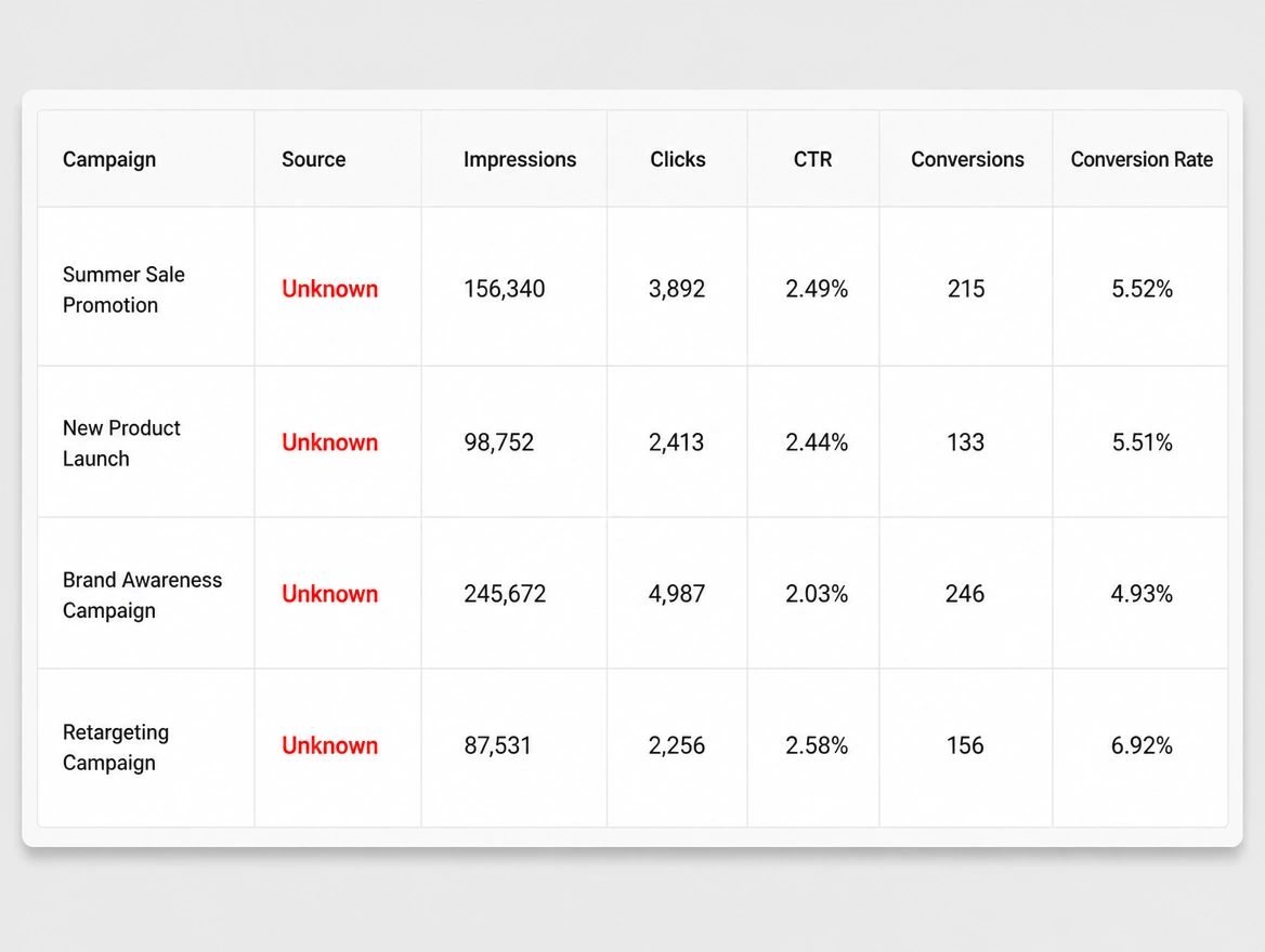 An advertising results table whose source column reads unknown in red on every row