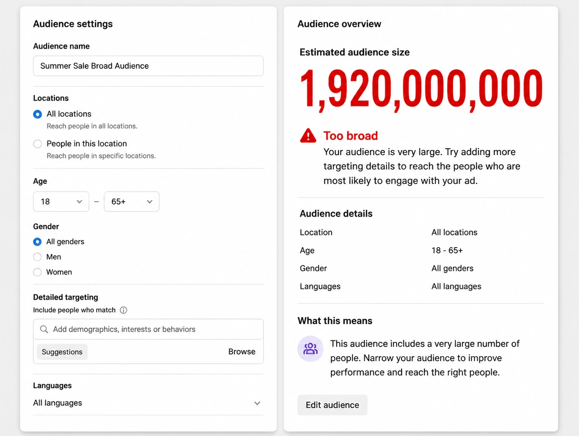 An audience settings panel with an enormous estimated audience size flagged red as too broad