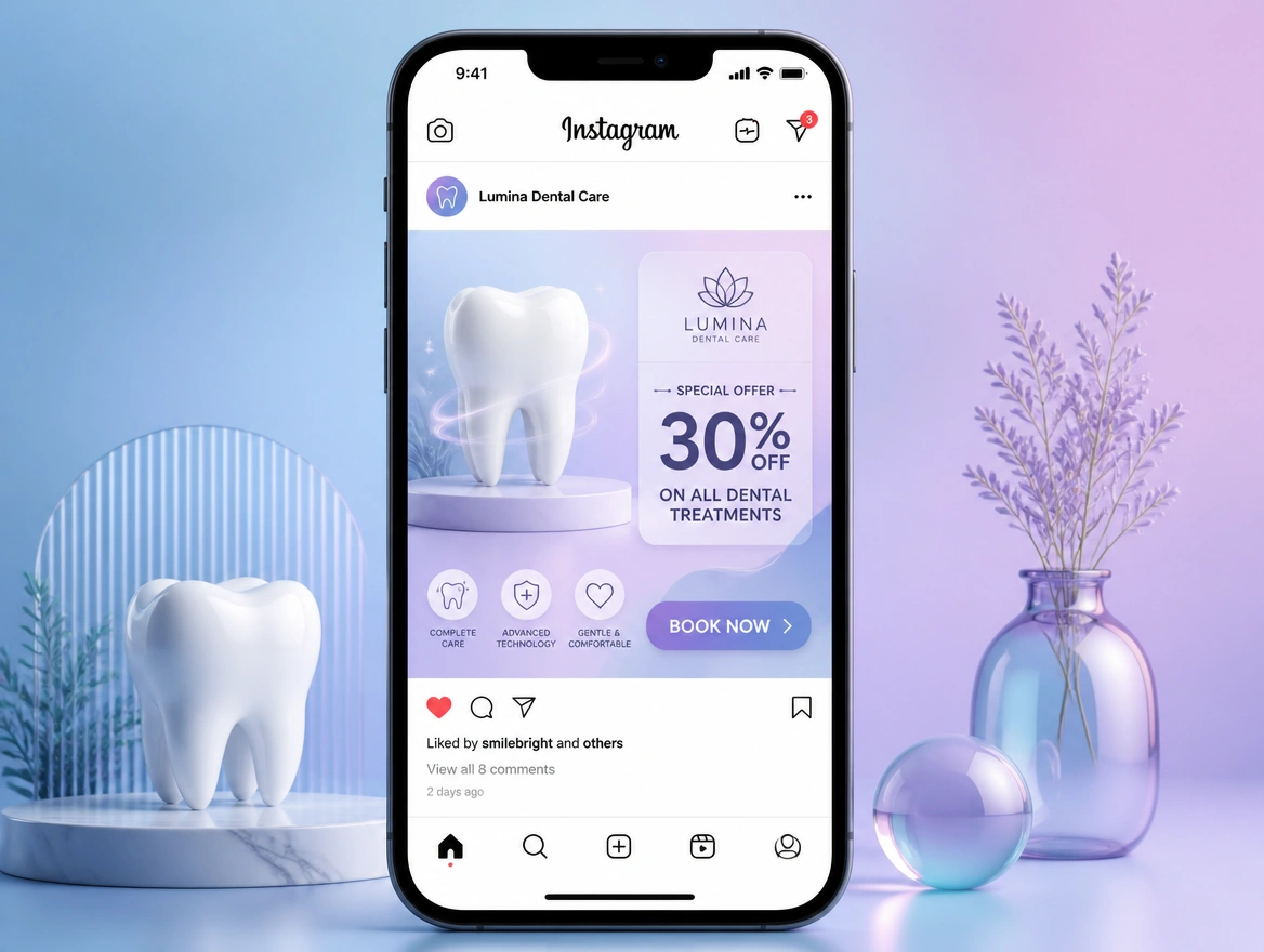 Website mockup showing facebook and instagram ads