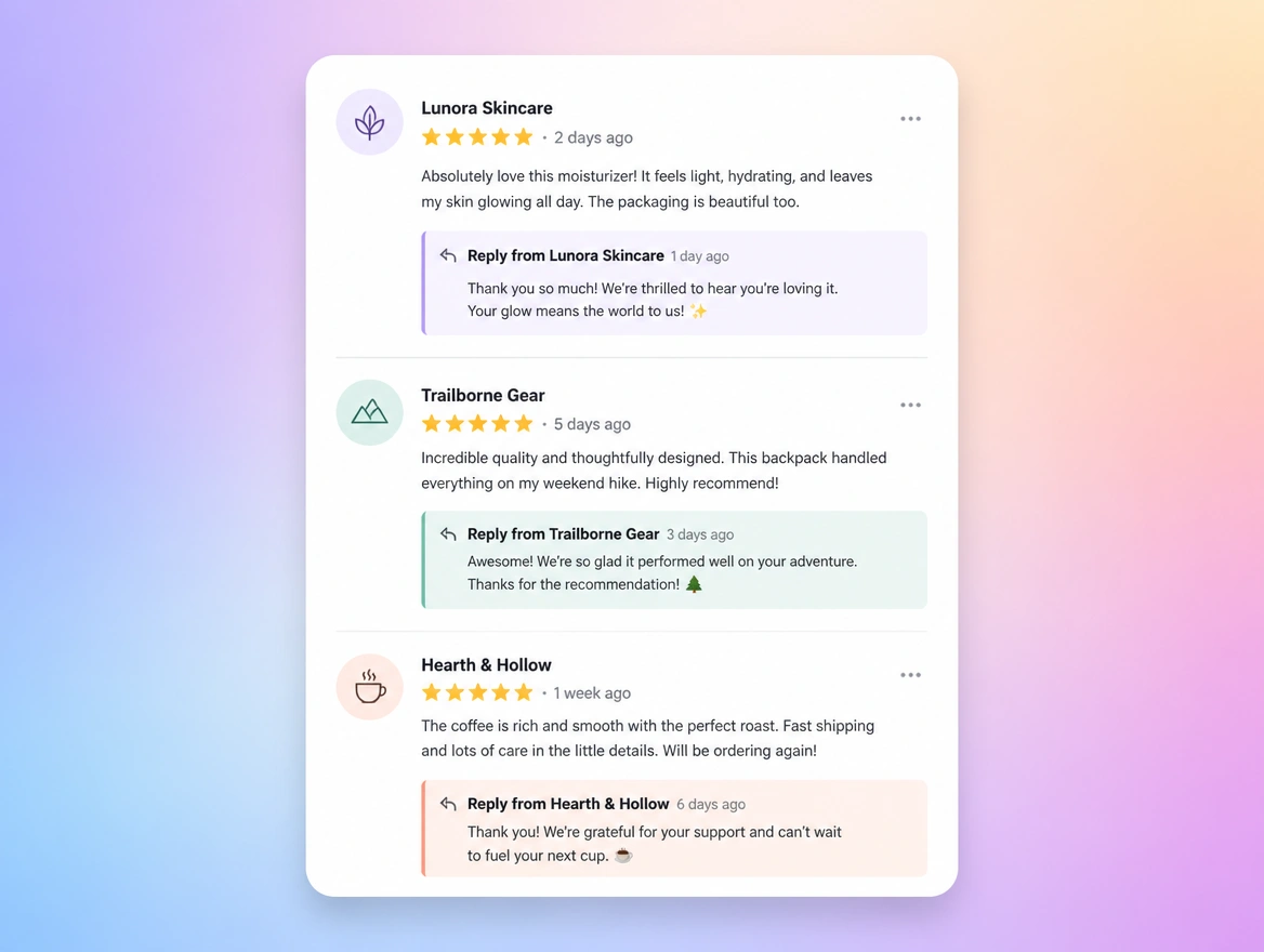 Website mockup showing reviews and recommendations
