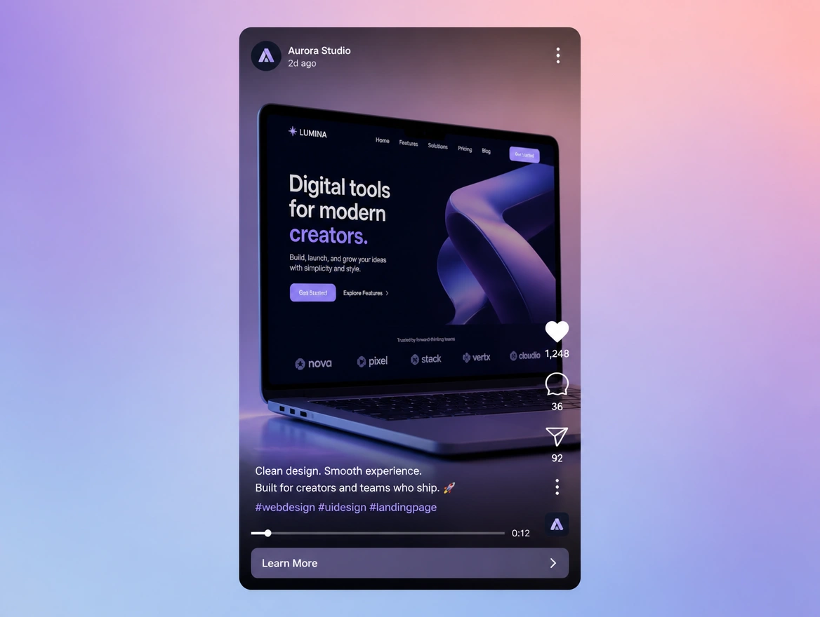 Website mockup showing short video