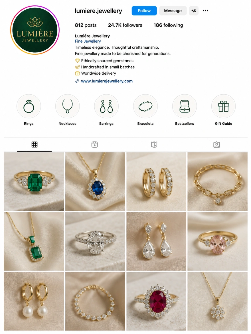 An Instagram business profile for a fine jewellery shop with a grid of product photographs