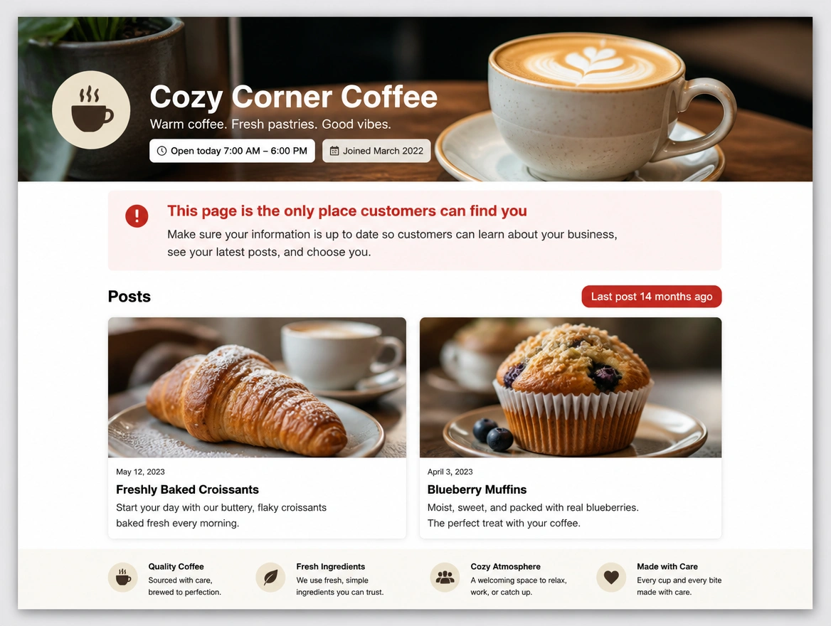 A coffee shop page marked in red as having posted fourteen months ago