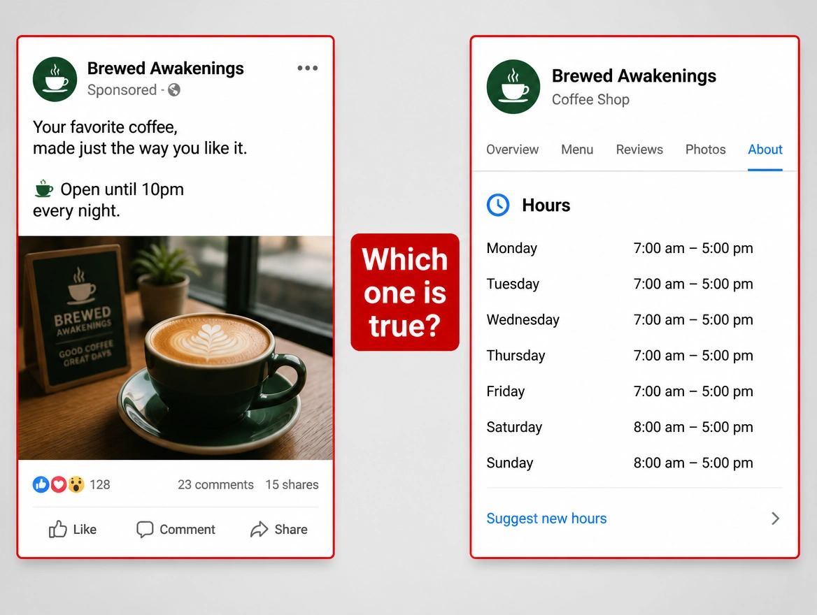 An advert stating open until ten beside page hours closing at five, flagged red