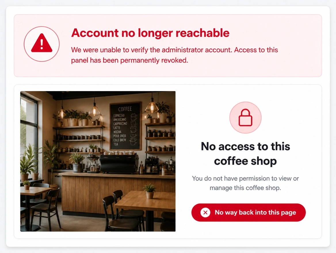 A page administrator panel showing the only admin account as unreachable in red