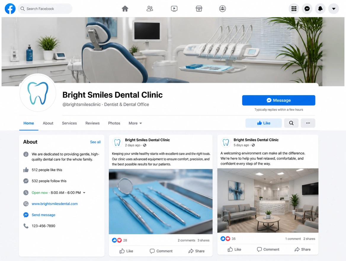 A Facebook business page for a dental clinic with recent posts, services and a Message button