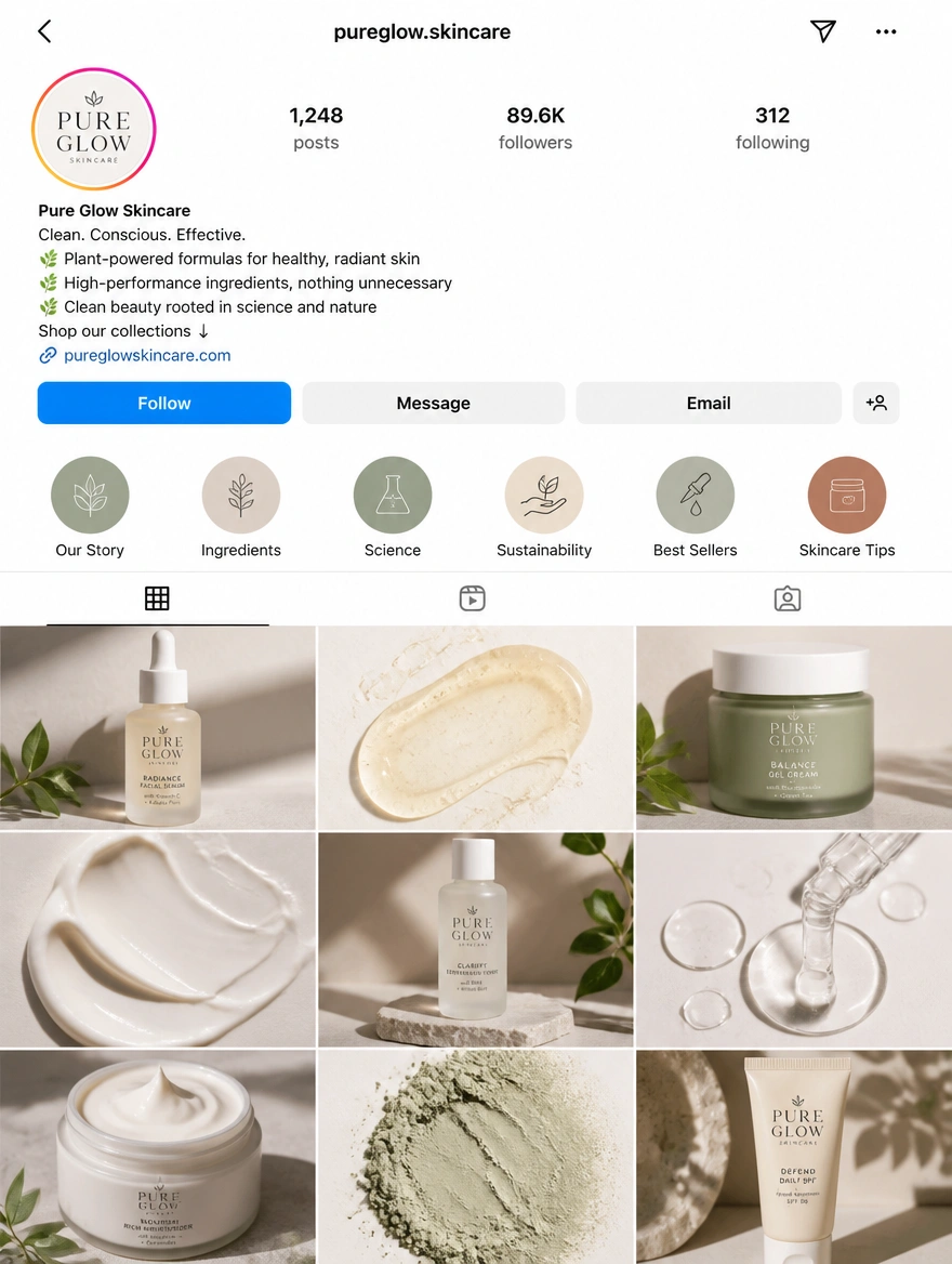 An Instagram business profile for a skincare brand with a full grid of product posts