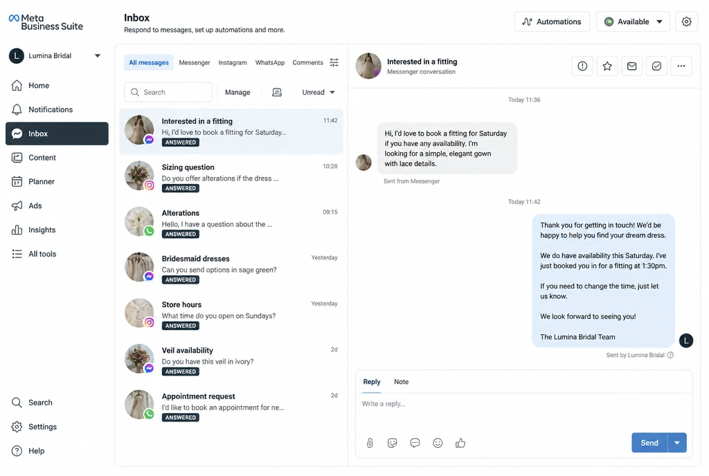 A Meta Business Suite inbox with customer conversations marked answered