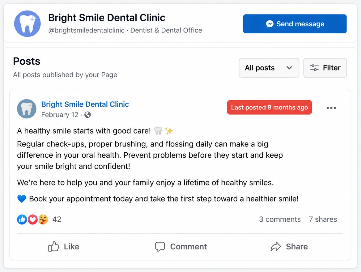 A business page whose most recent post is eight months old