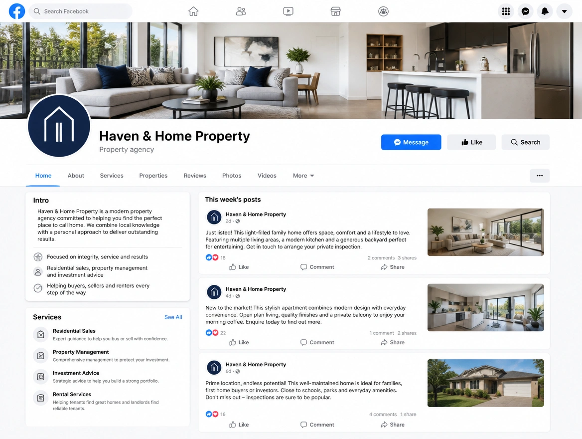 A property agency Facebook page with services listed and this week's posts