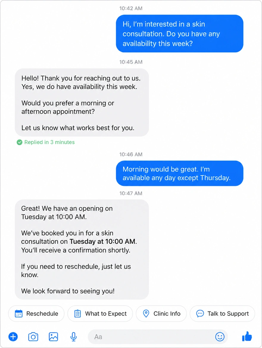 A Messenger thread answered in three minutes with a consultation booked