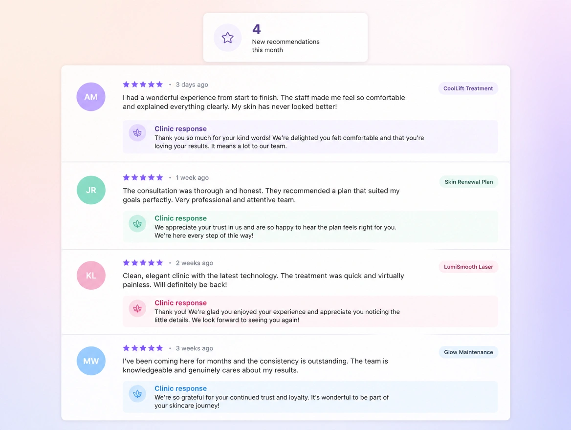 Website mockup showing reviews and recommendations