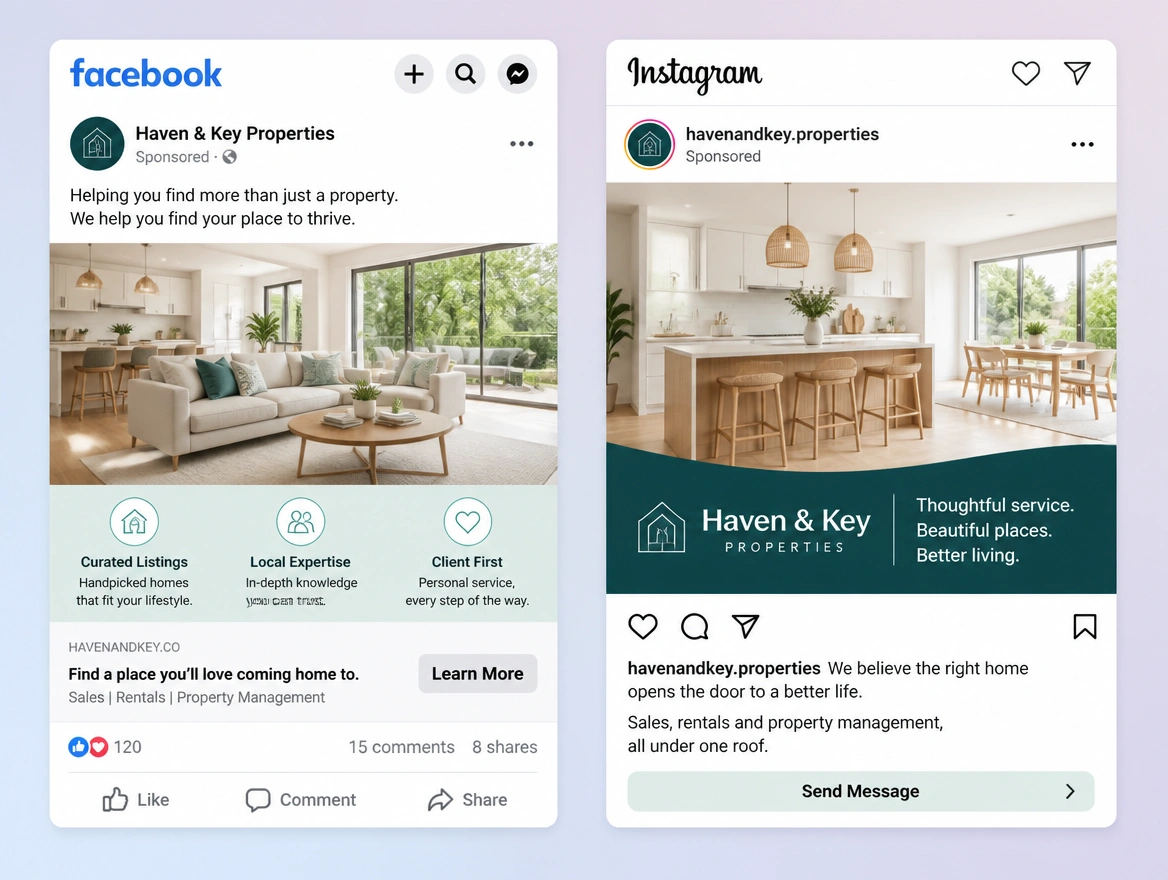 Website mockup showing facebook and instagram ads