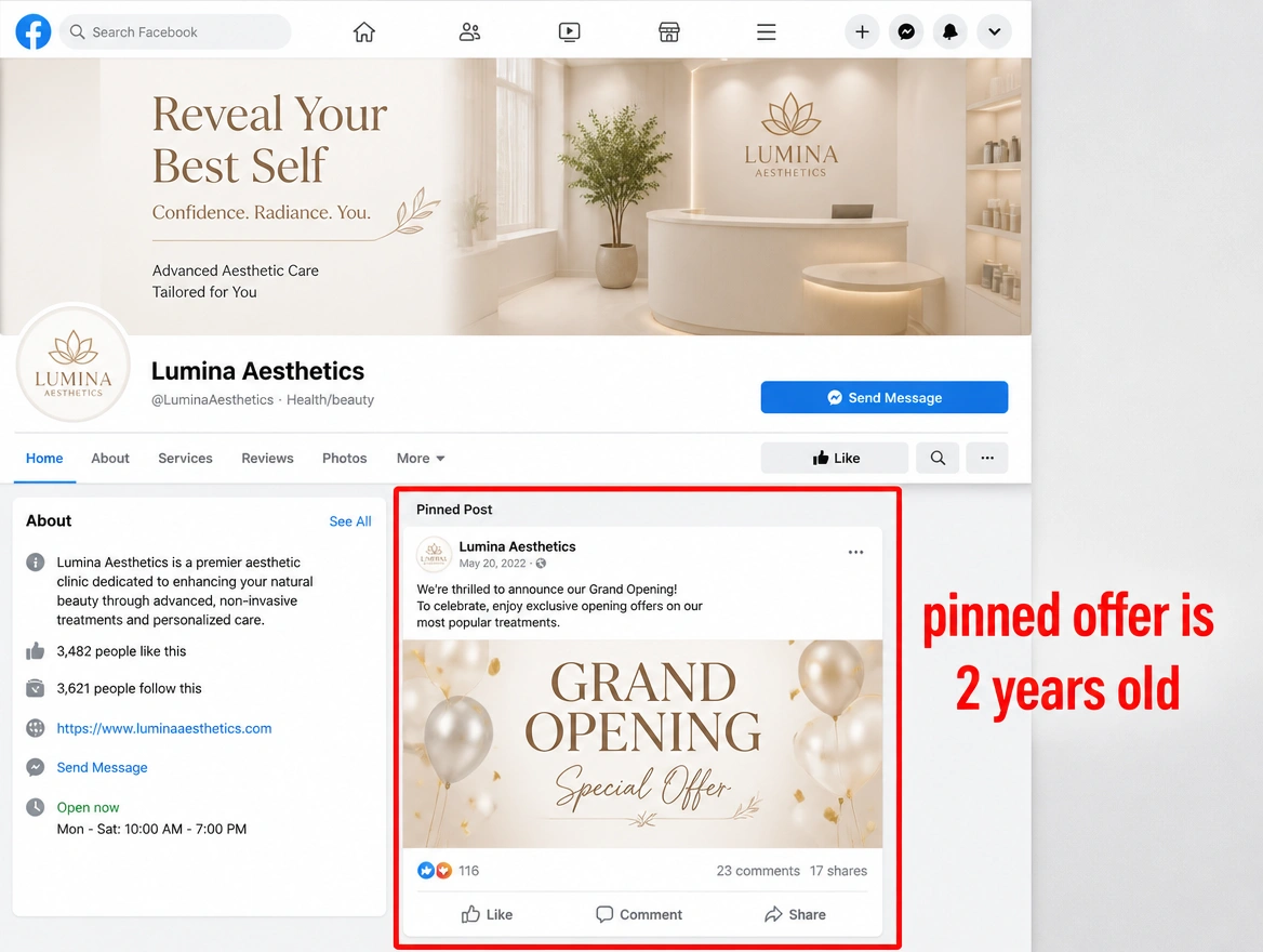 A clinic page whose pinned post is a grand opening offer two years old