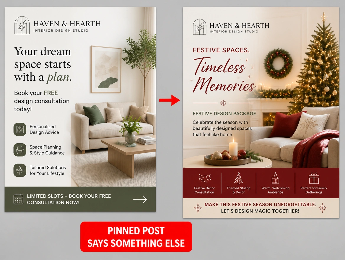 A design studio advert beside a pinned post pushing an older package