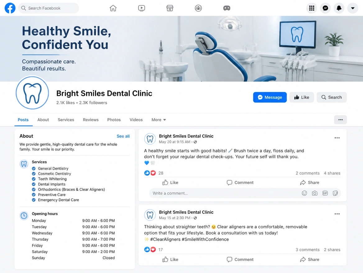 A dental clinic Facebook page with services, opening hours and a Message button