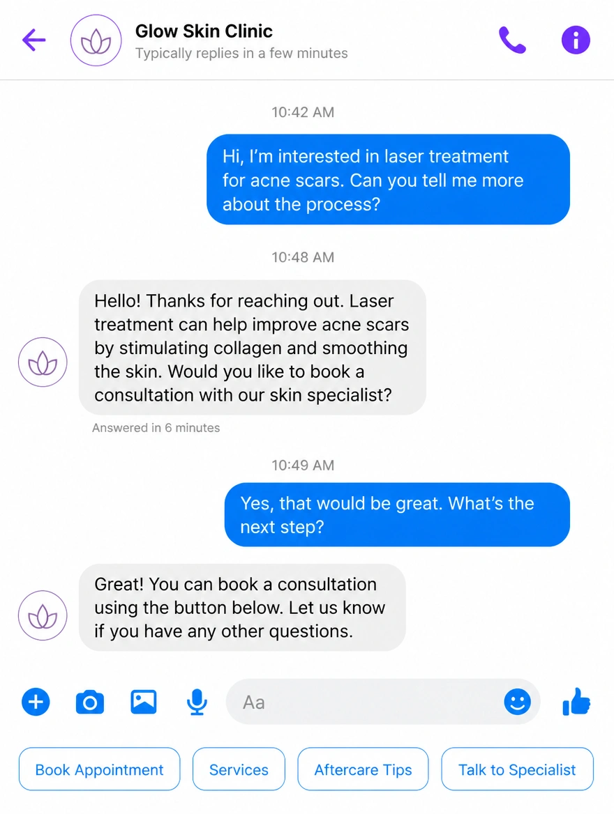 A Messenger thread where a skincare clinic answers a customer in six minutes