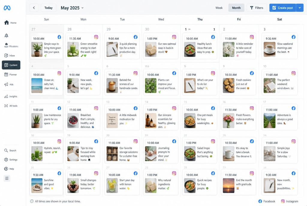 A content planner holding a month of scheduled Facebook and Instagram posts
