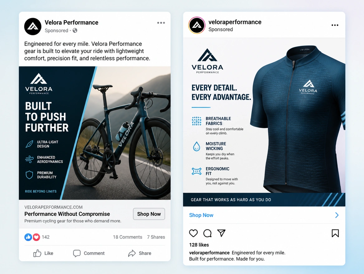 Website mockup showing facebook and instagram ads