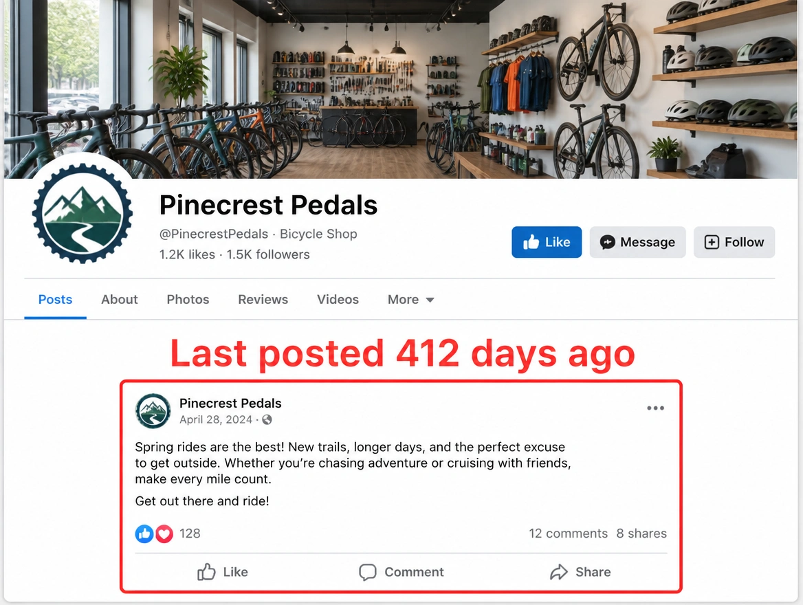 A bicycle shop page whose only post is flagged as 412 days old