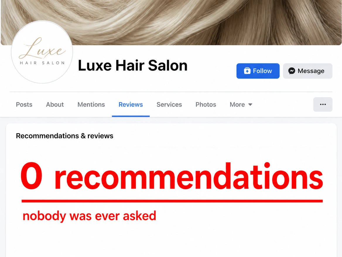 A salon reviews tab showing zero recommendations printed in red