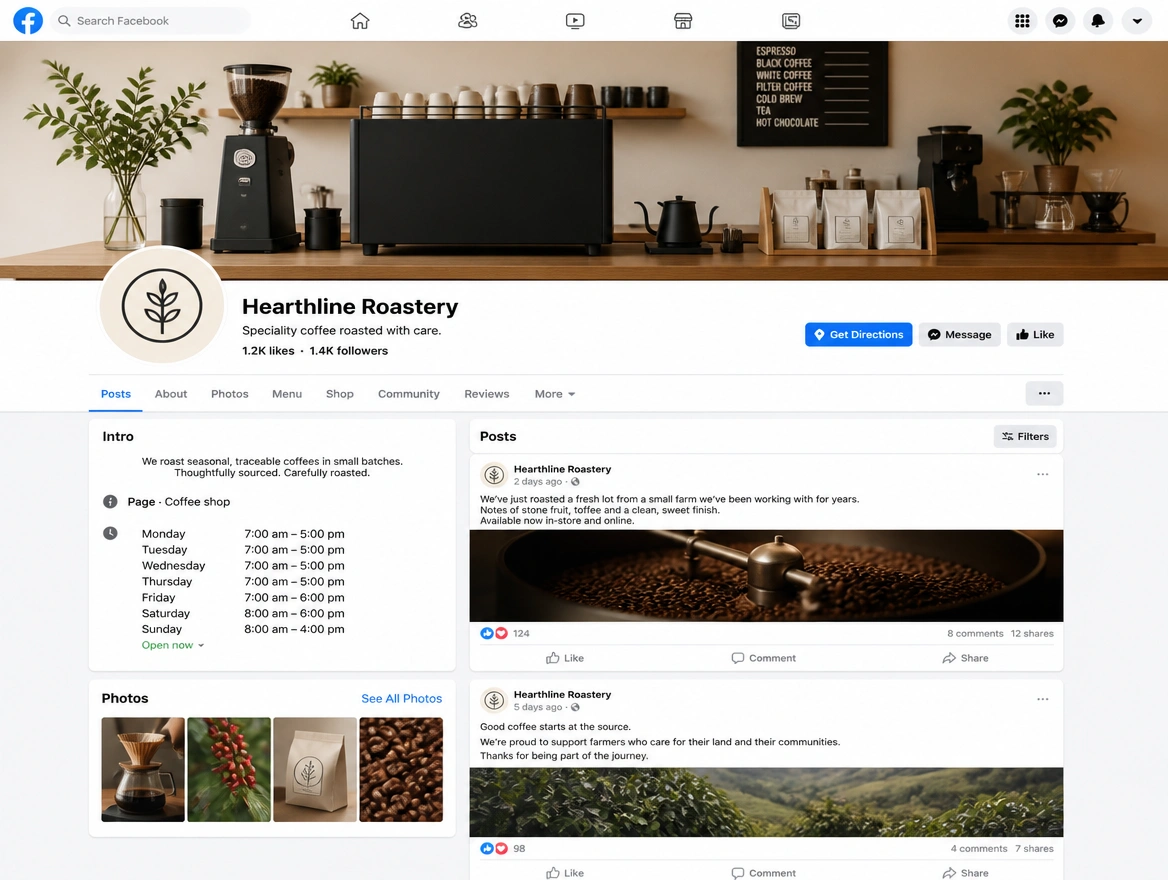 A coffee roastery Facebook page with opening hours, directions and recent posts