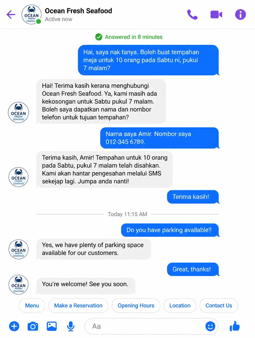 A Messenger thread answered in Malay and English by a seafood restaurant