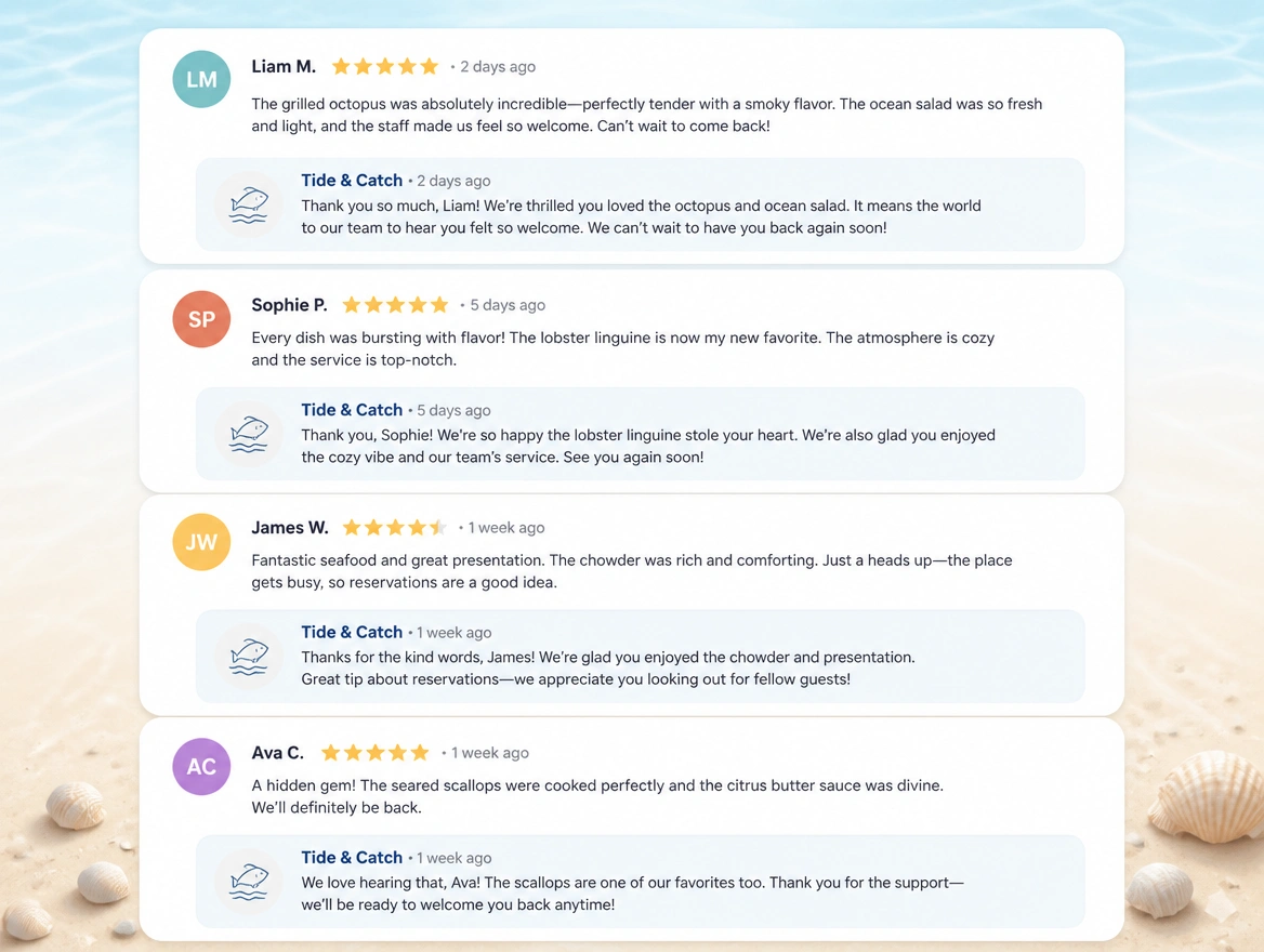 Website mockup showing reviews and recommendations