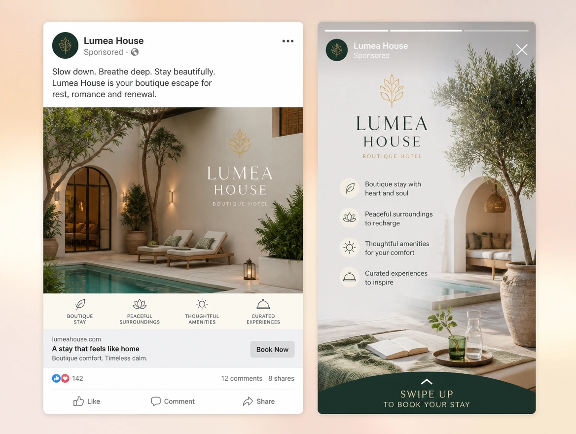 Website mockup showing facebook and instagram ads