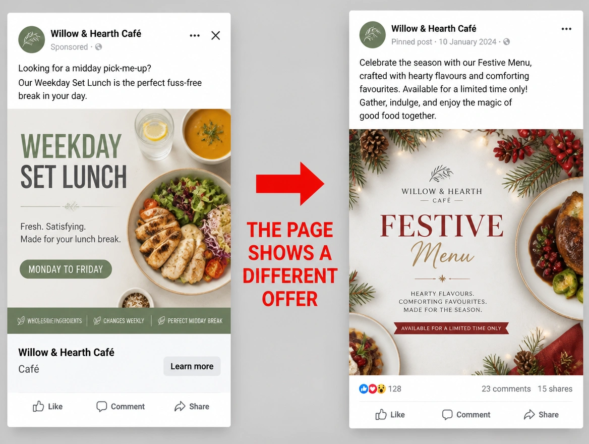 A cafe set lunch advert beside a pinned post still showing a festive menu