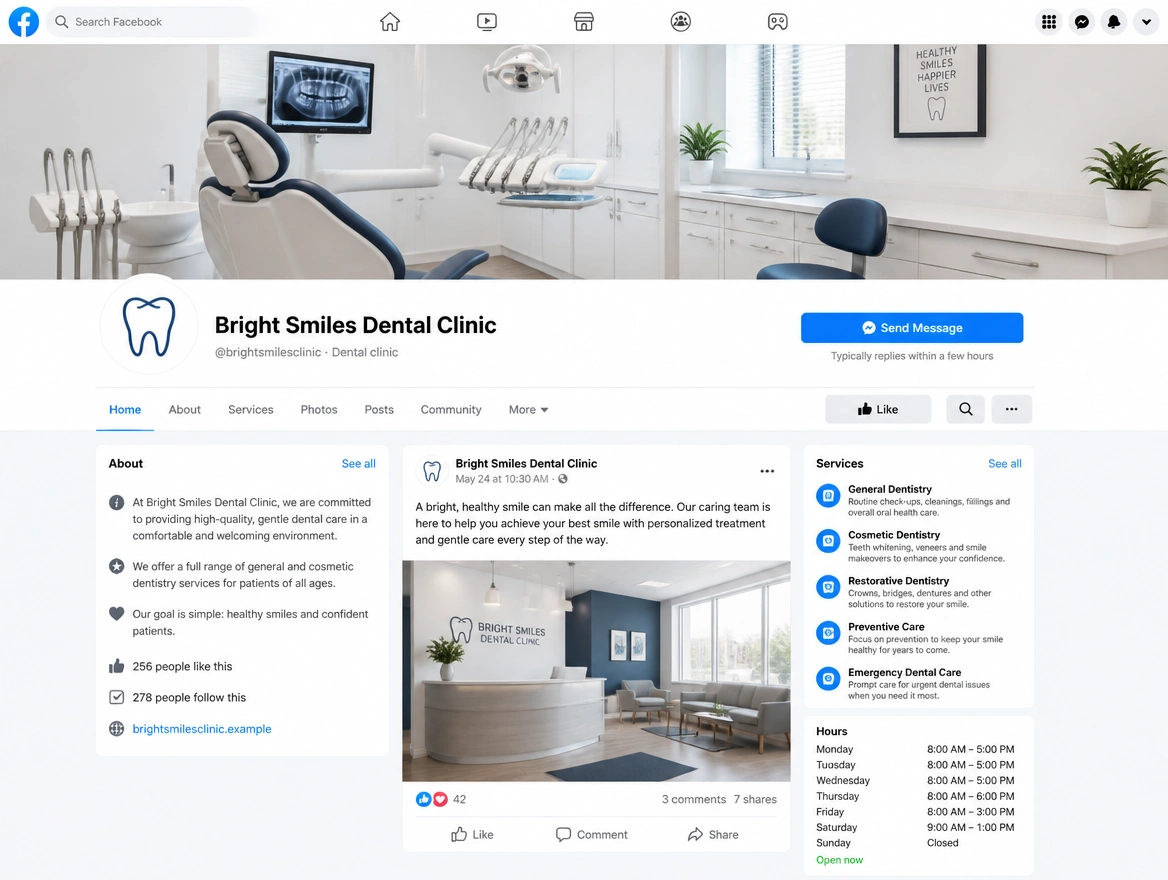A Facebook business page for a dental clinic with services, hours and a message button