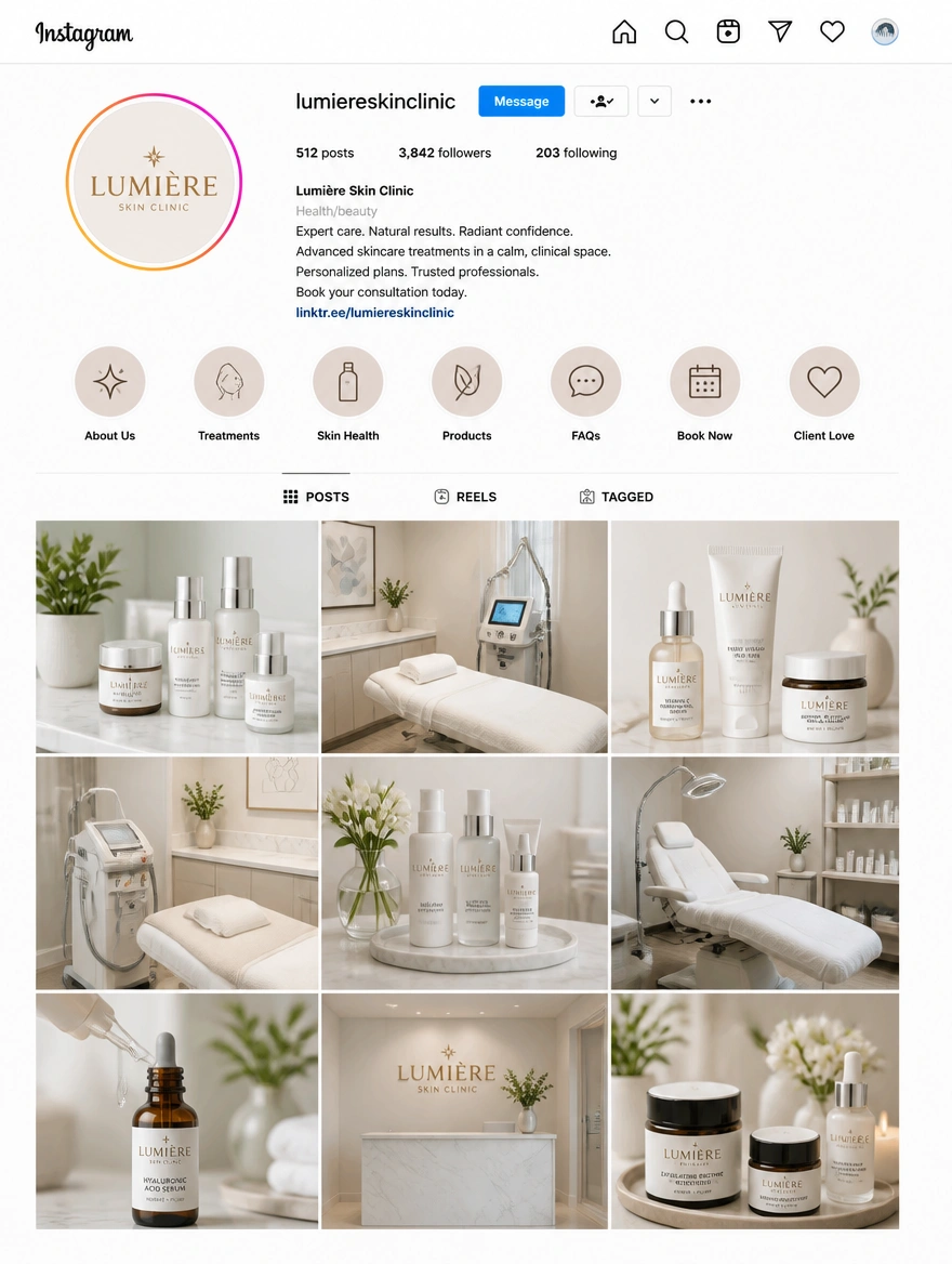 An Instagram business profile for a skincare clinic with a consistent grid of posts