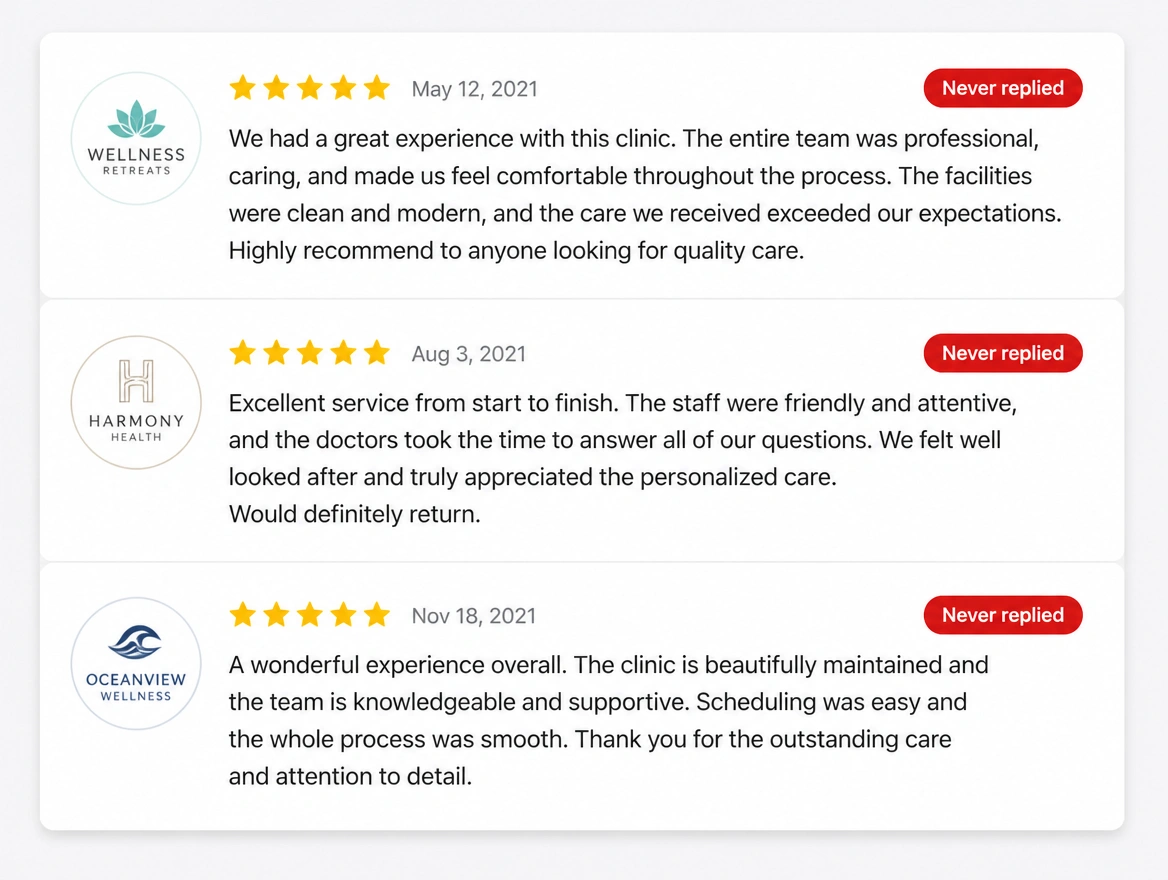 A reviews list of old recommendations each marked never replied in red
