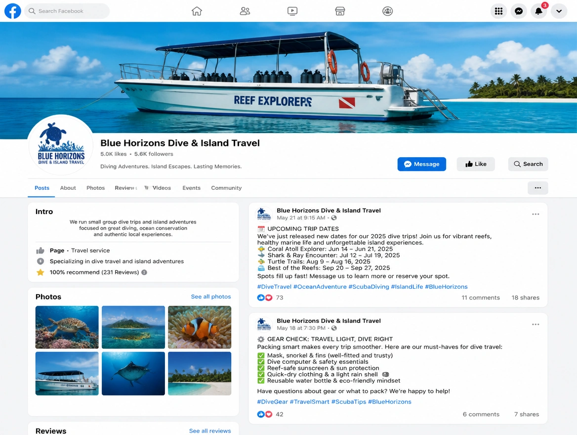 A Facebook business page for a dive and island travel operator with recent trip posts and a Message button