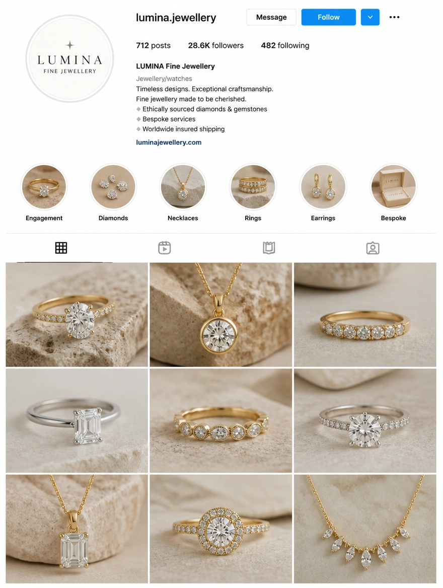 An Instagram business profile for a fine jewellery brand with a full grid of product posts