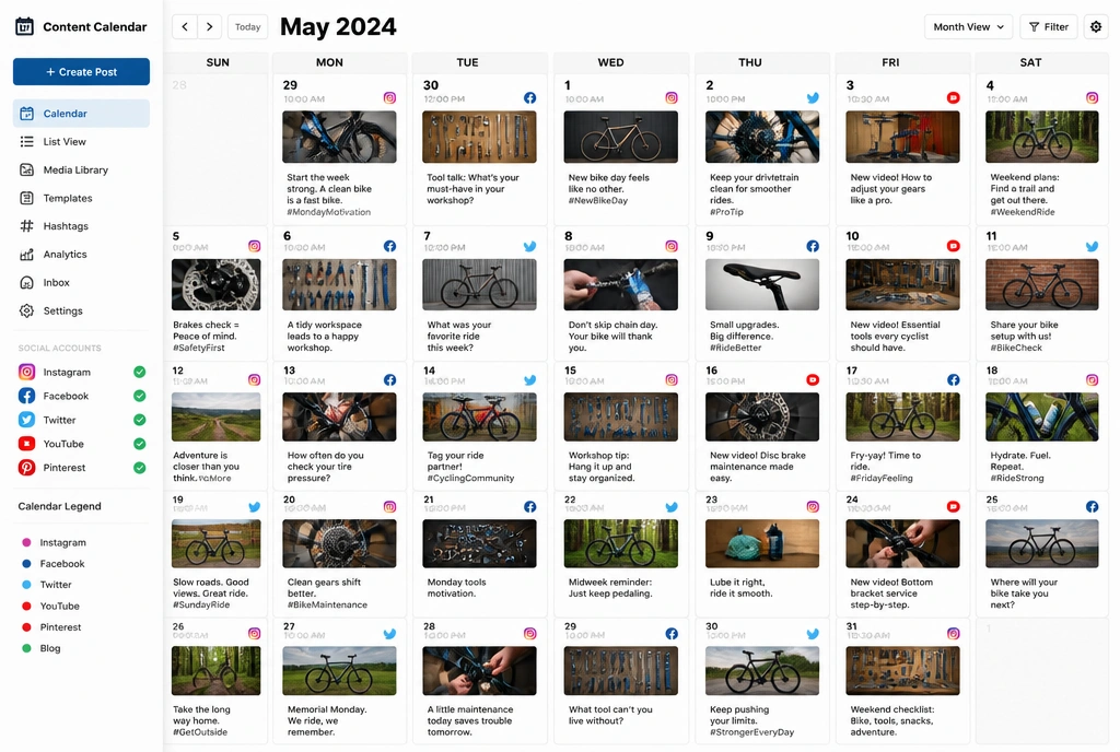 A monthly content calendar of scheduled social posts for a bicycle workshop