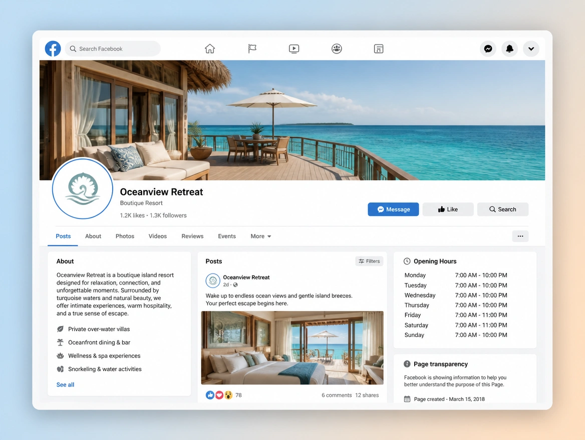 Website mockup showing page and profile set up