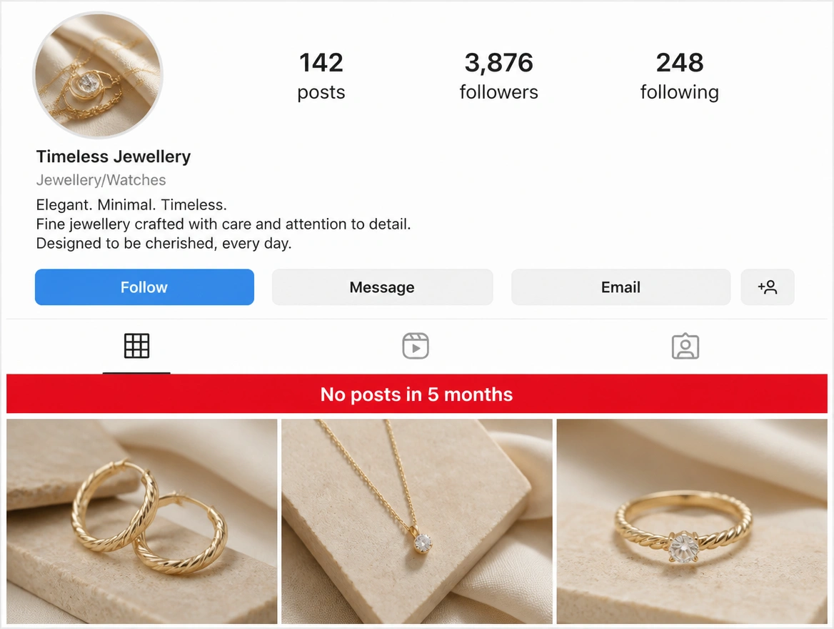 An Instagram business profile with no posts in five months