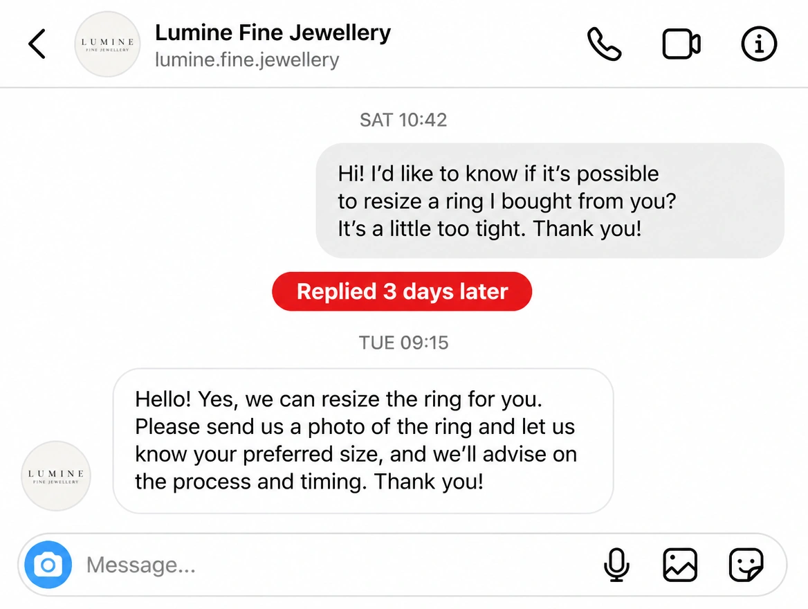 A message thread where the shop replied three days after the question