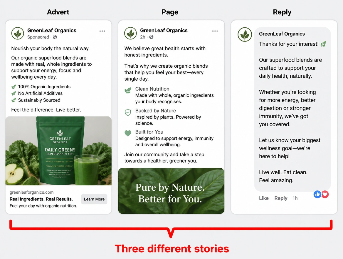 An advert, a page and a reply each carrying a different offer